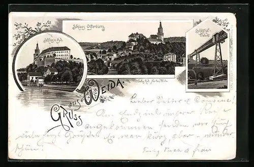 Lithographie Weida, Schloss Osterburg, Oschützthal-Viadukt, Schloss u. Bad
