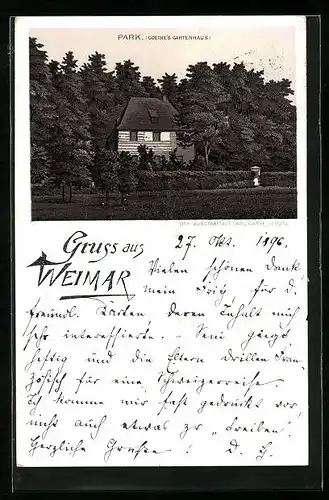 Lithographie Weimar, Goethes Gartenhaus im Park