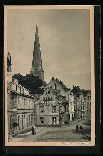 AK Rostock i. Meckl., Strasse an der Fischbank mit Petrikirche