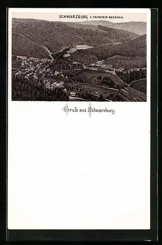 Lithographie Schwarzburg, Ortsansicht vom Tripstein aus gesehen