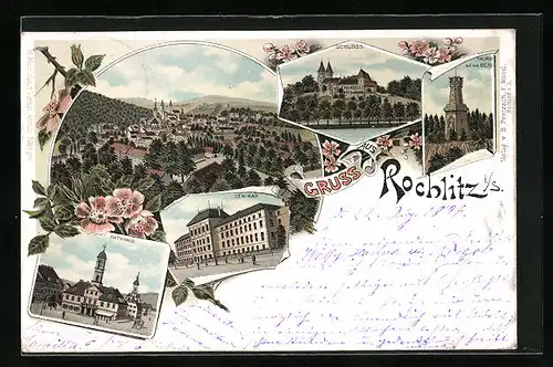 Lithographie Rochlitz i. S., Schloss, Rathaus, Seminar