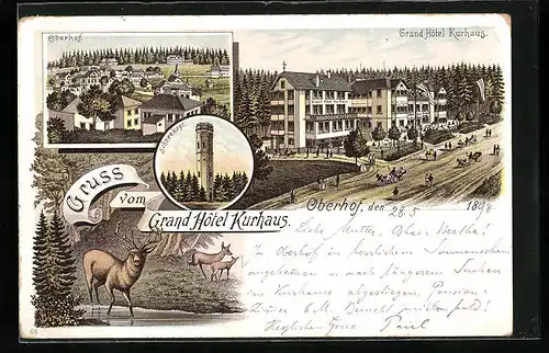 Lithographie Oberhof, Grand Hotel Kurhaus, Schneekopf Turm
