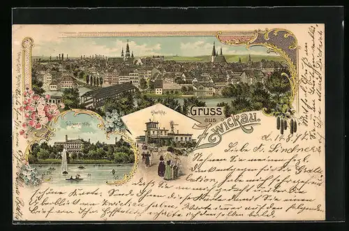 Lithographie Zwickau, Restaurant Alberthöhe, Schwanenteich