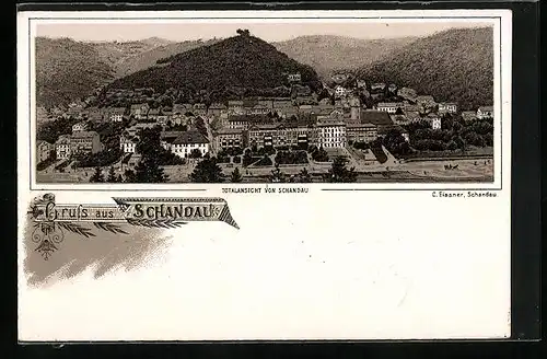 Lithographie Schandau, Totalansicht der Ortschaft