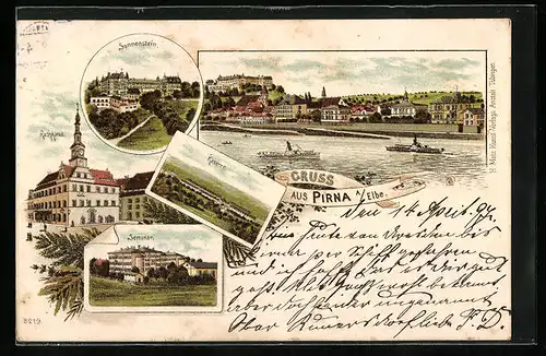 Lithographie Pirna /Elbe, Rathaus, Kaserne, Sonnenstein