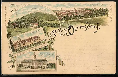 Lithographie Wermsdorf, Schloss Hubertusburg, Collmberg, Ortsansicht