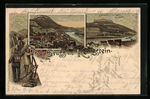 Lithographie Königstein, Blick zum Lilienstein, Teilansicht mit Elbe