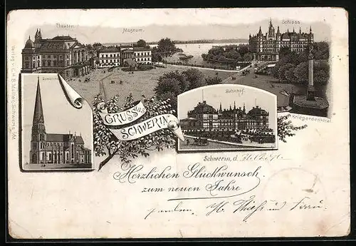 Lithographie Schwerin, Bahnhof, Schloss, Theater und Museum, gelaufen 31.12.1891