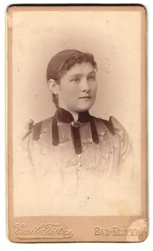 Fotografie Emil Tietze, Bad Elster, Portrait bildschönes Fräulein mit Stickerei am Kleid