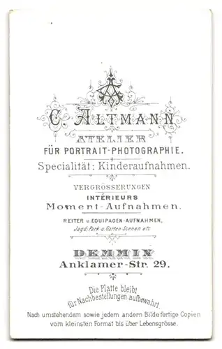 Fotografie C. Altmann, Demmin, Anklamerstr. 29, Portrait stattlicher Mann mit Schnurrbart im Jackett