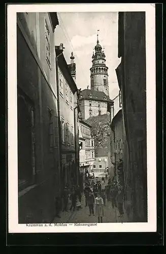 AK Krumau / Cesky Krumlov, belebte Rathausgasse