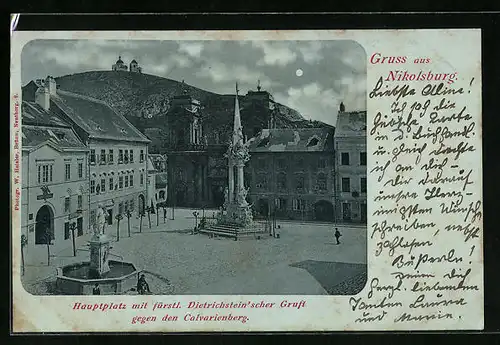 Mondschein-AK Nikolsburg, Hauptplatz mit fürstl. Dietrichstein'scher Gruft gegen den Calvarienberg