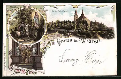 Lithographie Wranau, Marienkirche, Aussen- und Innenansicht