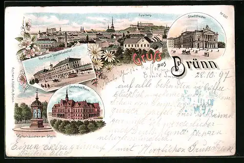 Lithographie Brünn / Brno, Nord- und Staatsbahnhof, Deutsches Haus, Stadttheater