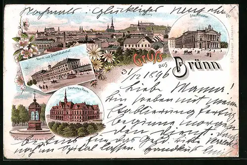 Lithographie Brünn / Brno, Deutsches Haus, Stadttheater, Nord- und Staatsbahnhof