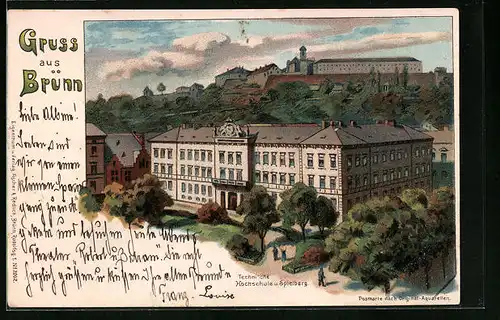 Lithographie Brünn / Brno, Technische Hochschule und Spielberg