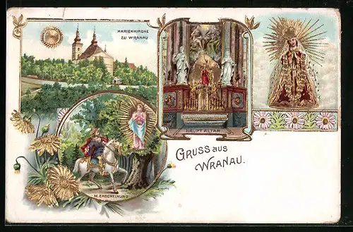 Lithographie Wranau, Marienkirche, Aussen- und Innenansicht, Gnadenbild