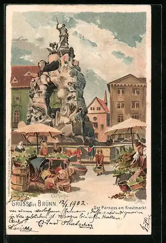 Künstler-AK Brünn / Brno, Parnass am Krautmarkt