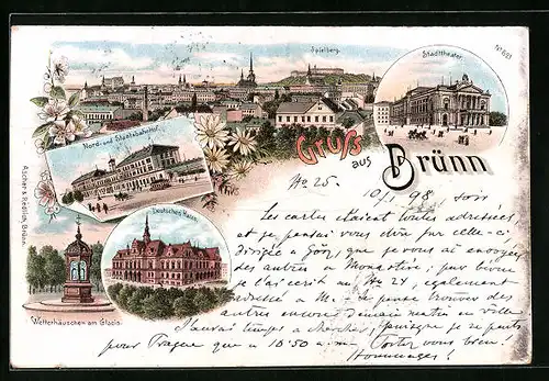 Lithographie Brünn / Brno, Deutsches Haus, Nord- und Staatsbahnhof, Spielberg, Stadttheater