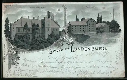 Mondschein-Lithographie Lundenburg, Schloss Lichtenstein, Kunstmühle