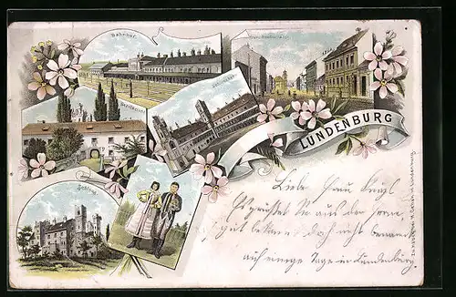 Lithographie Lundenburg, Bhanhof, Bezirksgericht, Schloss, Franz-Josef-Strasse