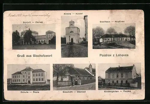AK Bischofswart, Zámek, Hostinec, Kostel, Skola