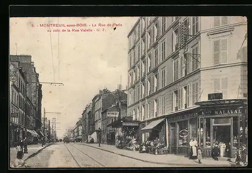 AK Montreuil-sous-Bois, la Rue de Paris au coin de la Rue Valette