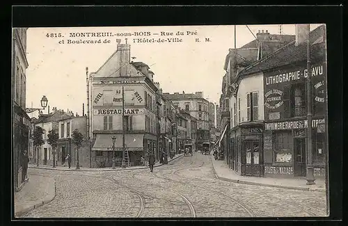 AK Montreuil-sous-Bois, Rue du Pré et Boulevard de l'Hotel-de-Ville