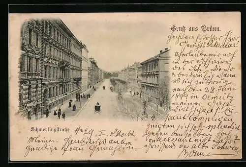 AK Brünn / Brno, belebte Schmerlingstrasse