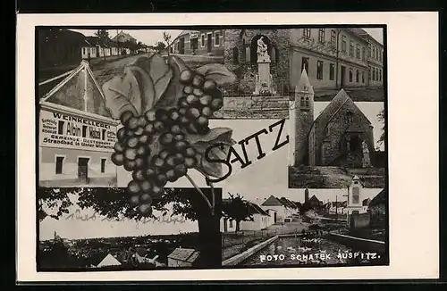 AK Saitz, Weinkellerei Albin Watzek, Ententeich, Denkmal, Kirche