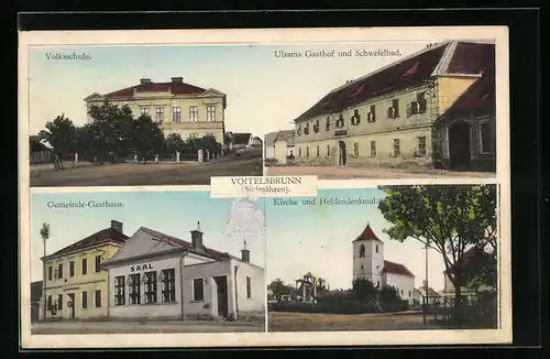 AK Voitelsbrunn, Gemeinde-Gasthaus, Volksschule, Ulrams Gasthof und Schwefelbad, Kirche und Heldendenkmal