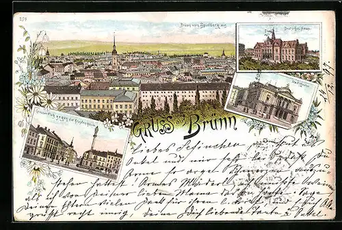 Lithographie Brünn / Brno, Grosser Platz, Stadttheater, Deutsches Haus