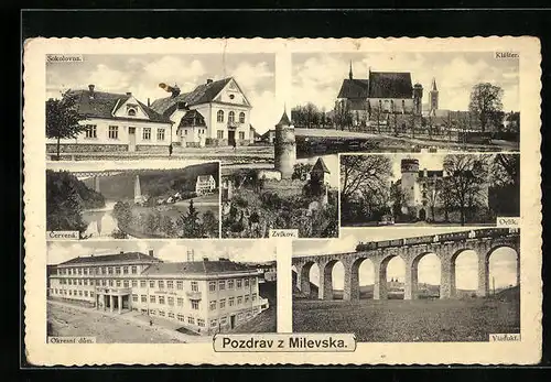 AK Milevsko, Cervená, Okresni dum, Viadukt, Kláster, Sokolovna