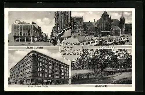 AK Gelsenkirchen, Hauptbahnhof mit Strassenbahnen, Bahnhofstrasse, Hans-Sachs-Haus