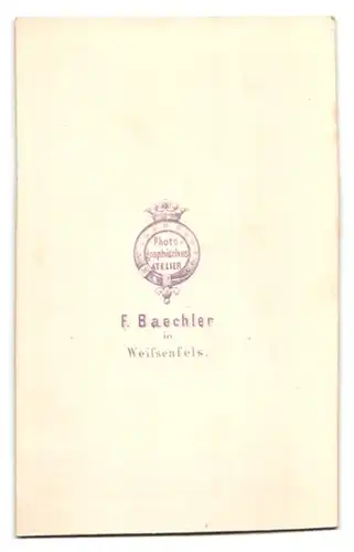 Fotografie F. Baechler, Weissenfels, Portrait ältere Dame im reifrock Kleid sitzend im Atelier