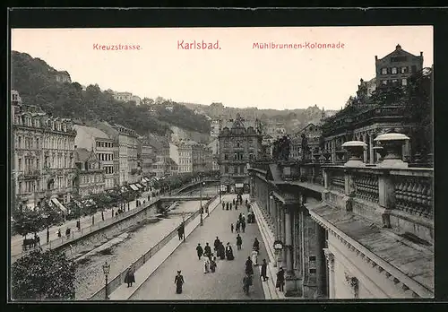 AK Karlsbad, Kreuzstrasse und Mühlbrunnen-Kolonnade