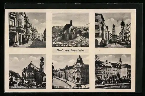 AK Rosenheim / Obb., Münchner Strasse, Stadtpfarrkirche, Gillitzer Block in der Hindenburgstrasse