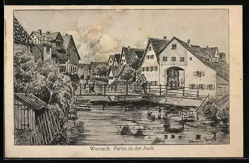 Künstler-AK Wurzach, Partie an der Aach