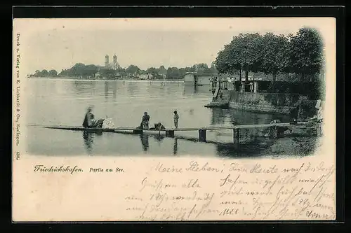 AK Friedrichshafen i. B., Seeidylle mit Stadtblick