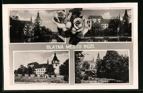 AK Blatna, Mesto Ruzi, Partie am Teichufer neben dem Schloss, Parkanlagen mit Brücke