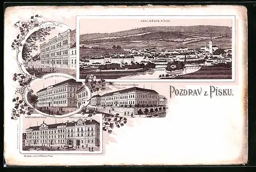 Lithographie Pisek, Celkovy Pohled, Kral. Mesto, C. K. Gymnasium, Hotel Zlate Kolo