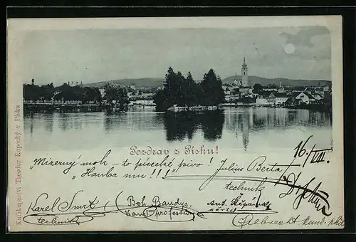 Mondschein-AK Pisek, Panoramaansicht der Stadt von der Otava aus