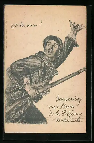 Künstler-AK Soldat mit Uniform und Gewehr, Defense Nationale, Kriegsanleihe