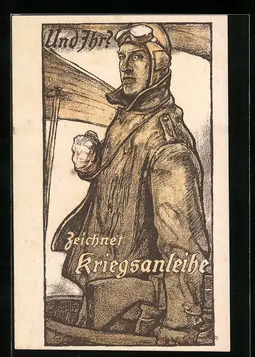 Künstler-AK Pilot in seinem Flugzeug, Zeichnung einer Kriegsanleihe