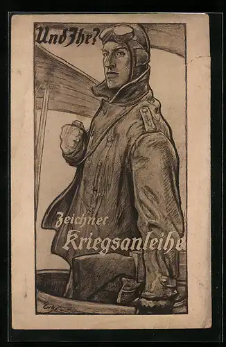 Künstler-AK Fliegerpilot mit Pilotenjacke und Fliegerbrille, Zeichnung von Kriegsanleihen