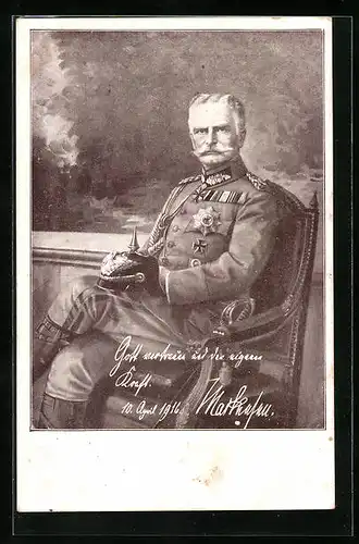 Künstler-AK Eberhard von Mackensen, sitzend in Uniform mit Orden und Eisernem Kreuz, Heerführer