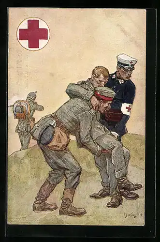 Künstler-AK Soldaten verarzten einen Kameraden, Rotes Kreuz