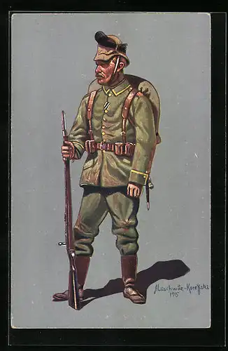 Künstler-AK Unteroffizier des K. sächs. Schützen-Regt. Prinz Georg Nr. 108, Uniform aus dem ersten Weltkrieg