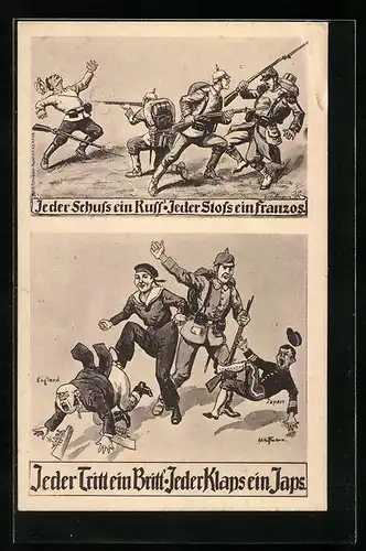 Künstler-AK Ad. Hoffmann: Verfahrensweisen Deutscher Soldaten im Gefecht mit versch. Nationen, Propaganda 1. Weltkrieg