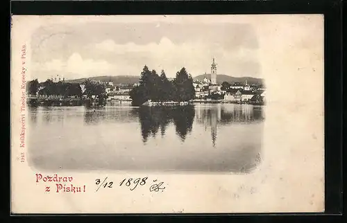 AK Pisek, Ortspanorama vom Otavaufer gesehen